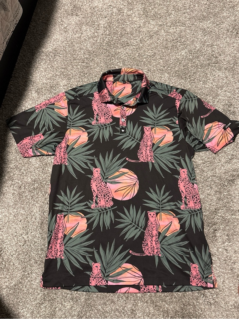 Men's Bad Birdie Black Tropical Cheetah Print Polo Shirt Large